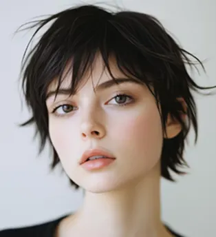 Portrait of a young woman with short dark hair and light makeup against a plain background.