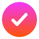 Gradient pink and orange circle with a gray checkmark inside.