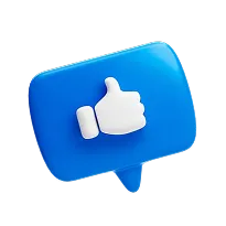 3D blue speech bubble with white thumbs-up like icon inside.